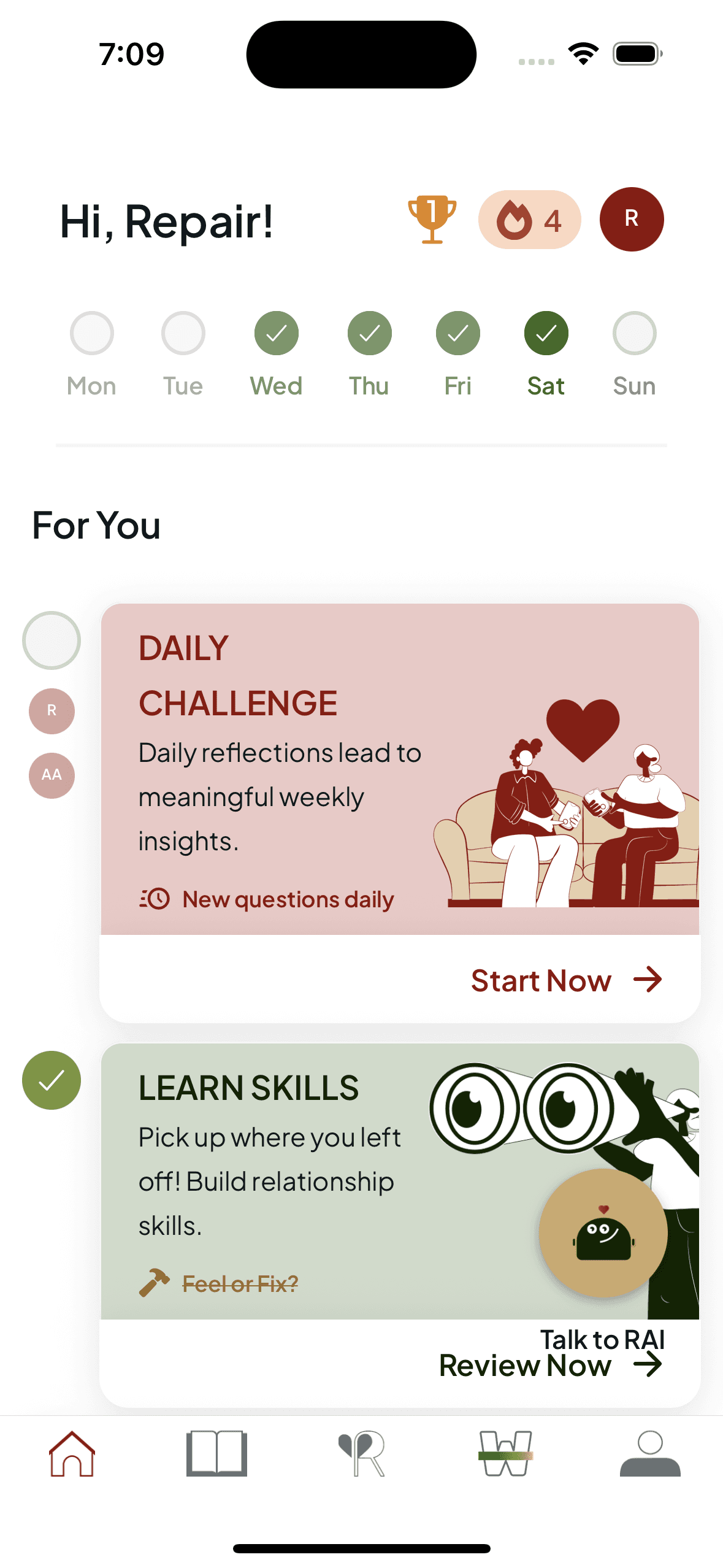 Daily relationship challenges on the Repair app home screen